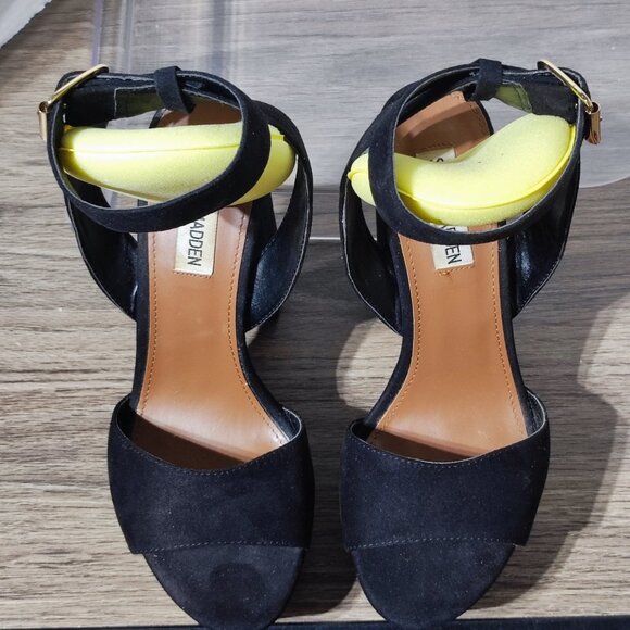 Steve Madden Kali Chunky Heels women's size 8.5 black flocked fabric - Picture 4 of 11